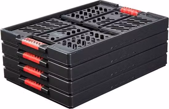 Set di 4 robuste scatole pieghevoli Unyqoos®, con maniglie in morbida gomma, dimensioni 54 x 37 x 28 cm, capacità 45 litri, impilabili, portata massima 50 kg, realizzate in plastica (PP/TPE), colore grigio grafite