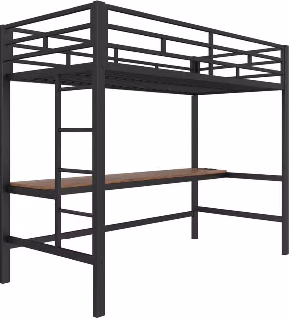 Letto a soppalco per bambini 90x200 cm in metallo nero con scrivania, luci LED controllabili via app e prese USB/Tipo-C