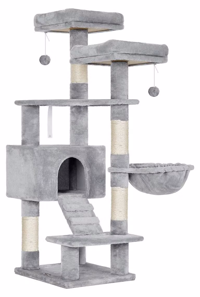 Albero per gatti con 2 piattaforme, una cuccia accogliente e sisal, colore grigio chiaro, dimensioni 50 x 45 x 142 cm