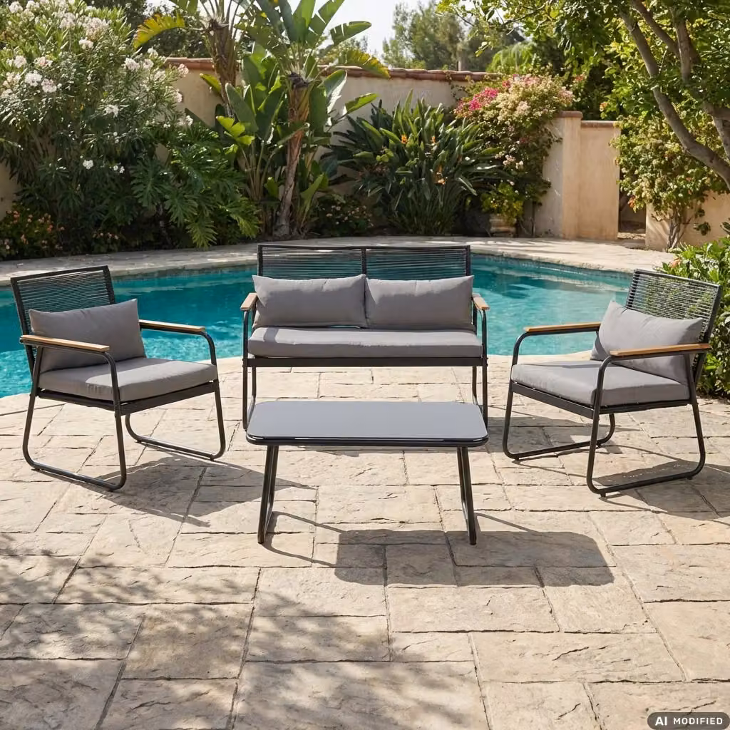 Vestiamo Casa Giardino Set da giardino 4 pezzi in rattan e acciaio antracite con cuscini grigio scuro composto da divano a 2 posti, 2 poltrone con braccioli e tavolino da caffè – 2
