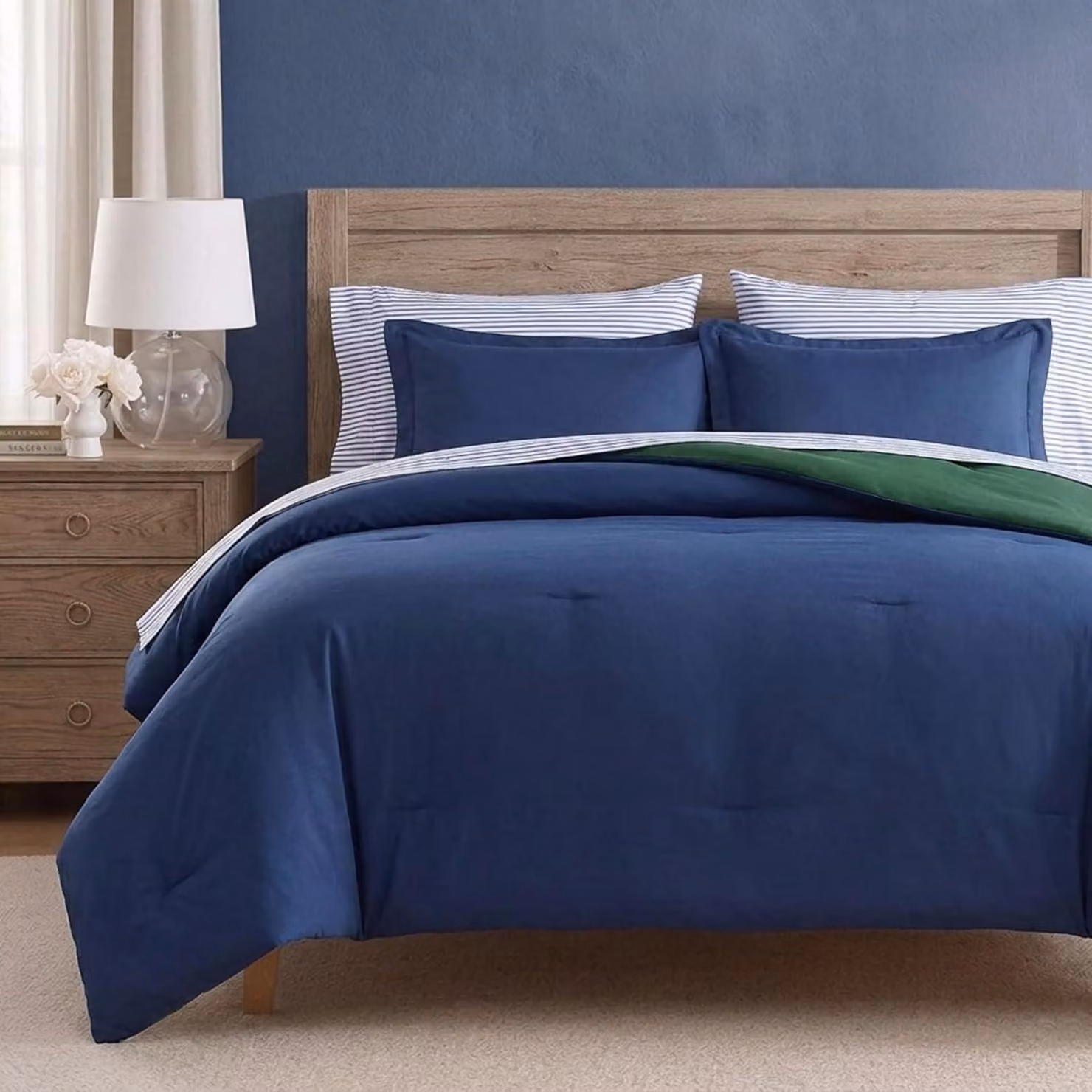 Set completo di biancheria da letto, con copripiumino reversibile, comprensivo di federe aggiuntive, lenzuola, federe e sacchetto per la biancheria (colore blu navy, misura matrimoniale)