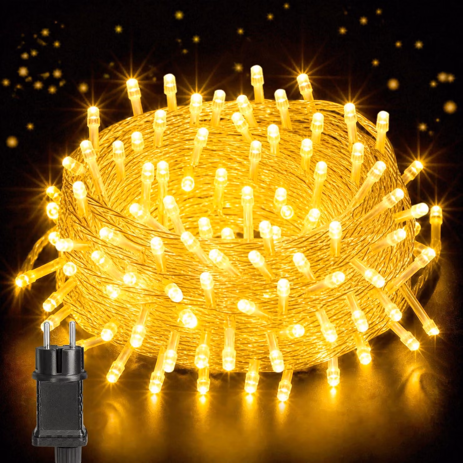 Catena luminosa da 20 metri, con 200 LED bianco caldo, grado di protezione IP54, adatta per interni ed esterni