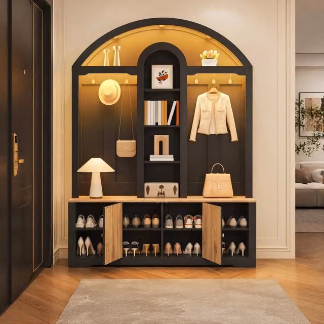 Armadio da ingresso moderno in MDF e metallo nero opaco con illuminazione integrata e ripiani, L: 150 cm, P: 40 cm, H: 195 cm