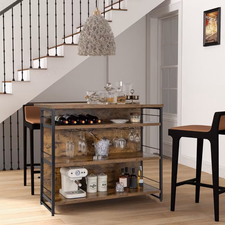Isola cucina stile industriale Costway in legno marrone e nero con 3 ripiani aperti e porta calici