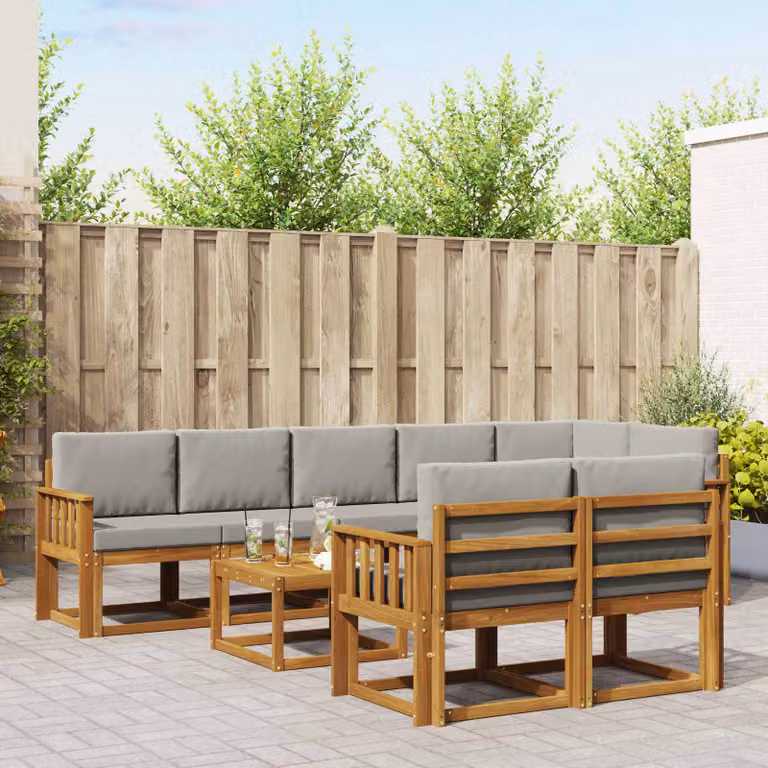 vidaXL Set di divani da esterno a L in legno di acacia con cuscini, 9 pezzi, Grigio e Marrone