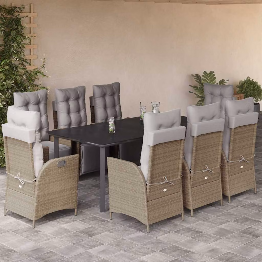Set Pranzo da Giardino vidaXL in Polyrattan con Cuscini Beige Misto e Tavolo in Vetro, 9 Pezzi – 1