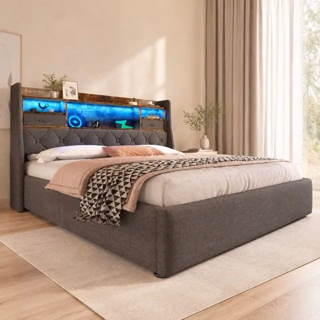 Letto contenitore Mivray con illuminazione LED, porte di ricarica USB Type-C e testiera imbottita in lino grigio, L/P: 180 x 200 cm