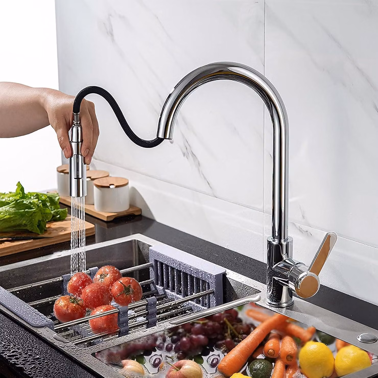 Miscelatore da cucina estraibile a 360°, in acciaio inossidabile cromato, per alta pressione