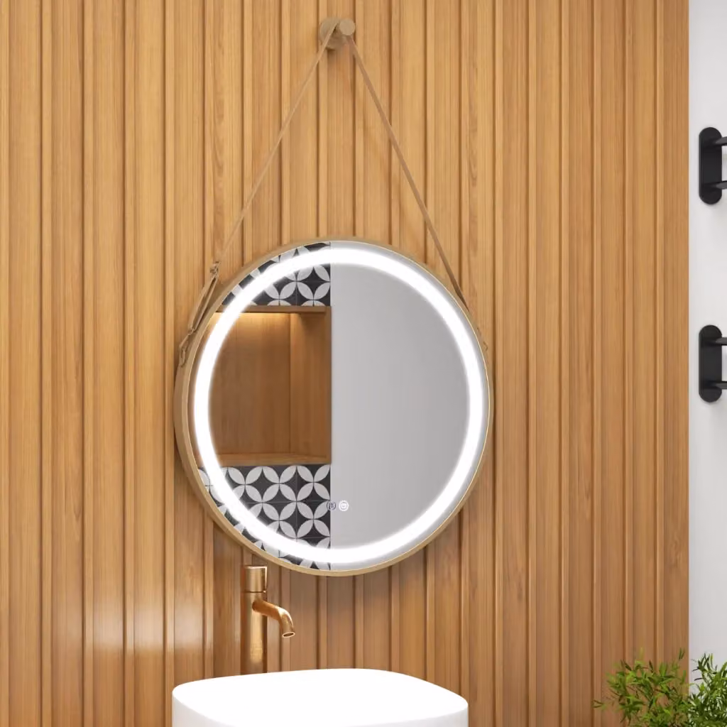 Specchio da bagno rotondo Design Mania con illuminazione LED a 3 colori, funzione antiappannamento e interruttore touch, colore oro, Diametro: 60 cm – 2