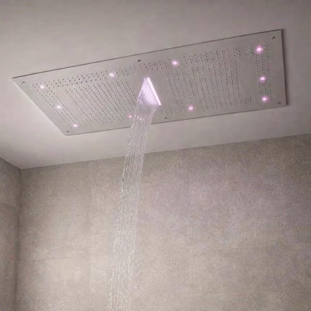 Soffione doccia a soffitto incasso OGOMONDO rettangolare in acciaio inox con funzione cascata e LED RGB color argento