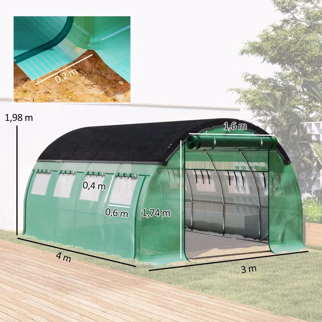 Serra tunnel WISHDOR verde con struttura in acciaio zincato e copertura in plastica, dotata di 8 finestre, porte arrotolabili e pareti laterali apribili, L/P/H: 4 x 3 x 2 m – 2