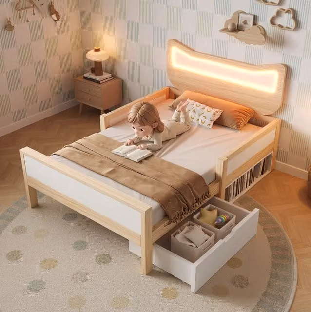 Letto per bambini 90x190 cm con testiera a gatto, LED RGB e cassetto in pino, bianco e rovere