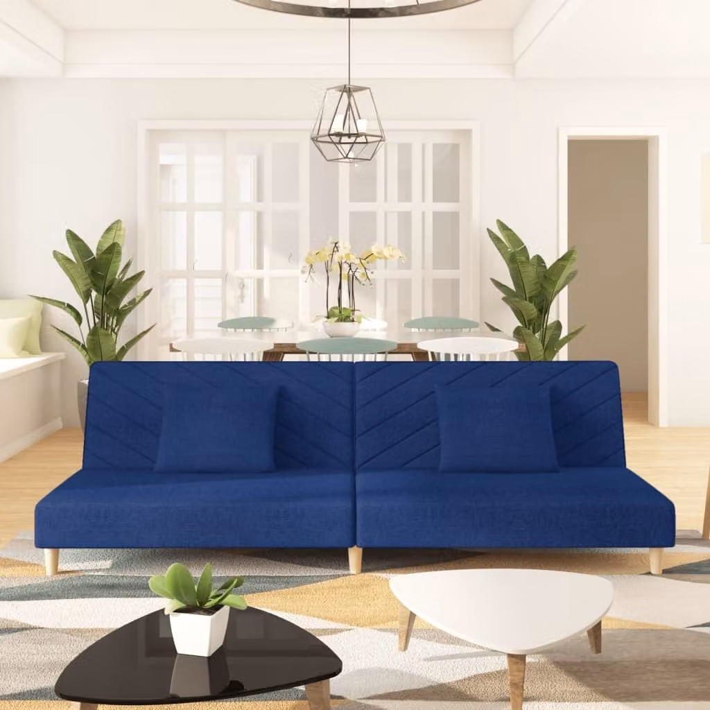 Divano letto 2 posti con 2 cuscini, tessuto blu, marca Maison Exclusive