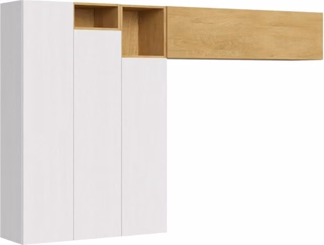 Composizione parete soggiorno moderna Itamoby A22 bianca con ante a battente e mensole aperte L: 274 cm, H: 173,6 cm, P: 39,2 cm – 1