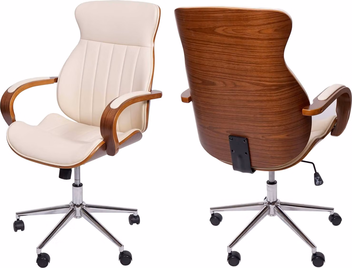 Sedia da ufficio MCW-H39, sedia da scrivania girevole, poltrona direzionale, struttura in legno curvato effetto noce, rivestimento in ecopelle, certificata MVG ~ color crema