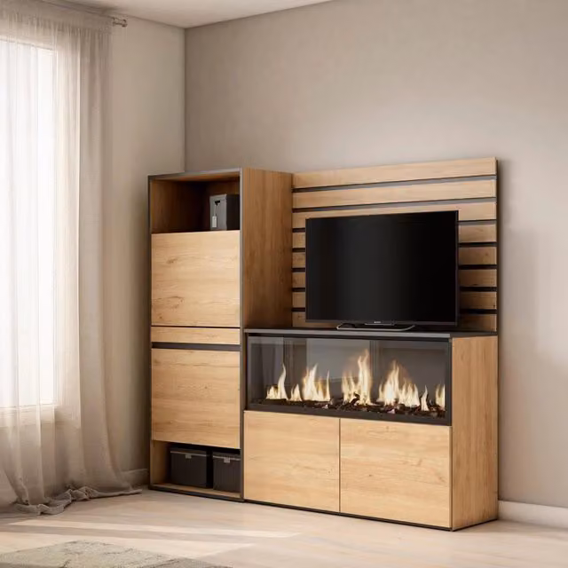 Credenza, 167x35x145cm, Camera da letto, Camino elettrico XXL, Scarpiera, colore Rovere RF3397