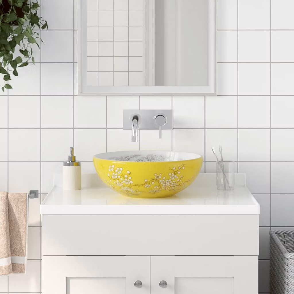 Lavabo da appoggio rotondo vidaXL in ceramica bianco e giallo Φ41 x H 14 cm