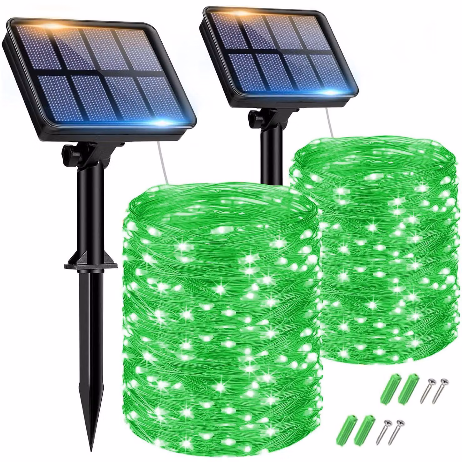 Set di 2 catene luminose solari, lunghezza totale 15+2 metri, grado di protezione IP65, 8 modalità, colore verde