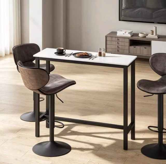 Tavolo Bar Moderno 120 x 40 x 100 cm con Piano Effetto Marmo e Struttura Nera