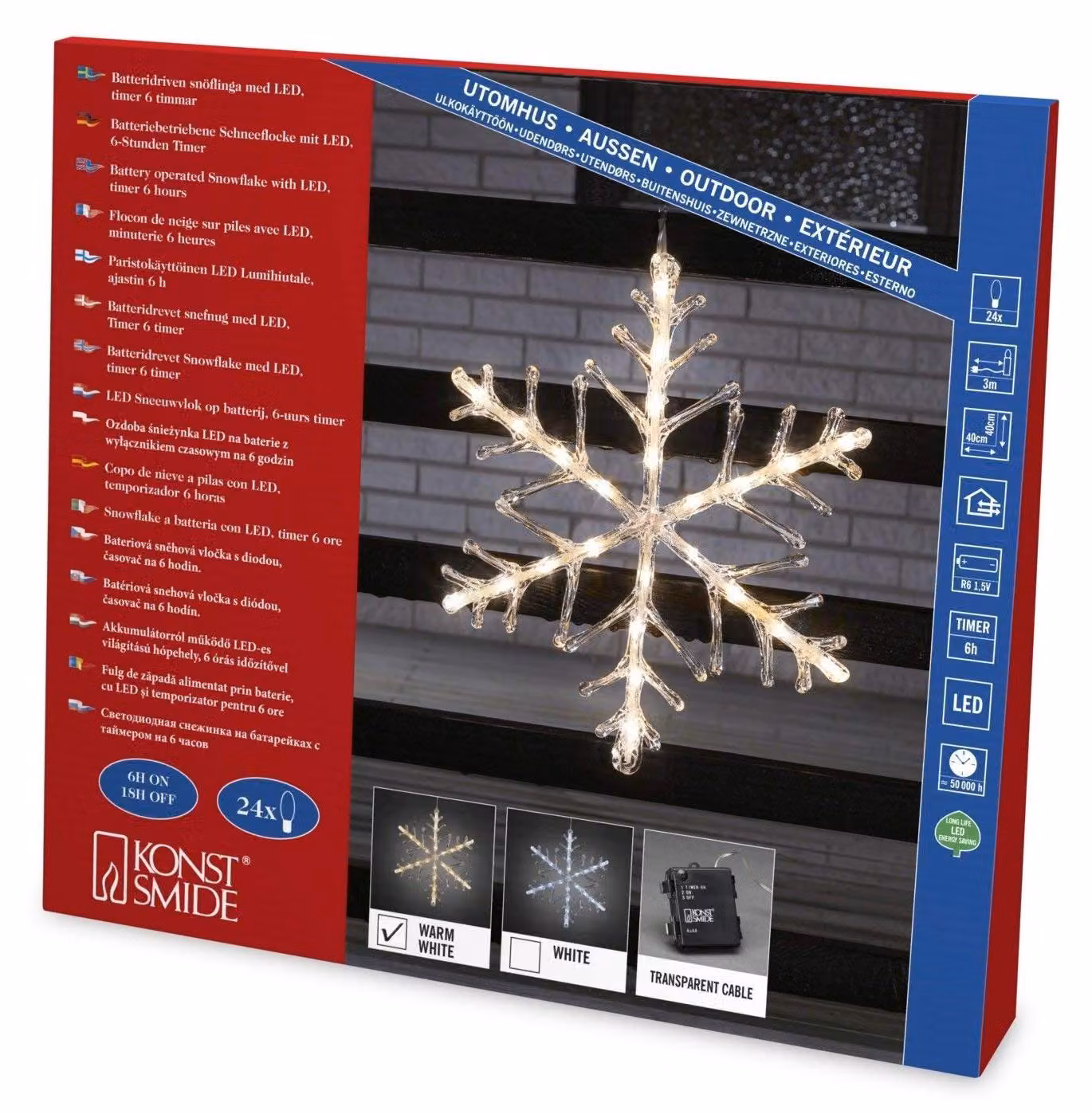 Fiocco di neve in acrilico con luci LED, 40x40 cm, luce bianco caldo, grado di protezione IP44, con timer