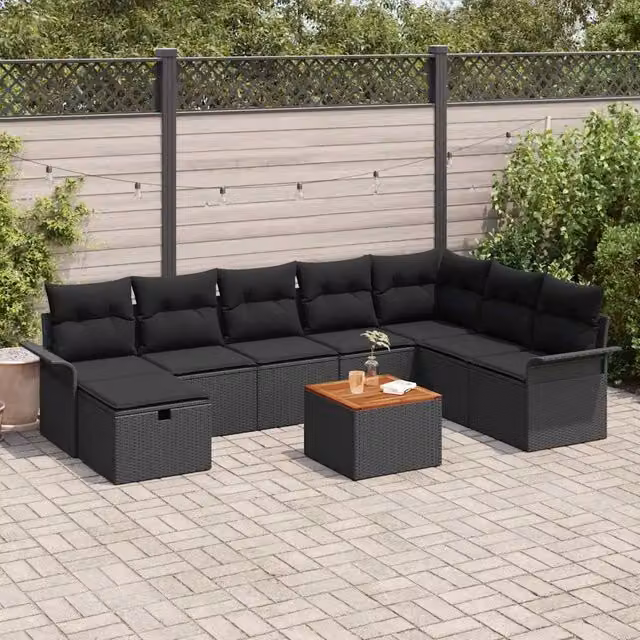 Set Divano da Giardino 9 pz Nero Poly Rattan 3360803
