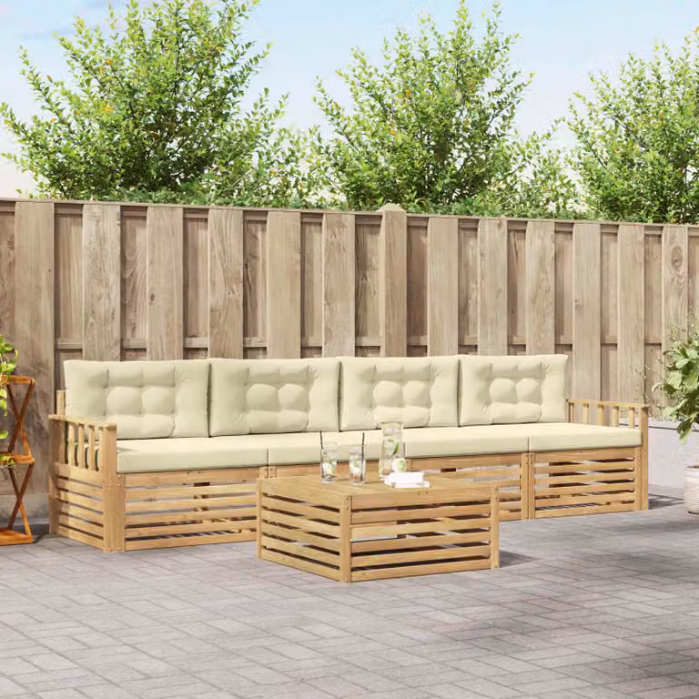 Set di divani da esterno vidaXL in legno di acacia con tavolo da caffè e cuscini, Bianco e Beige