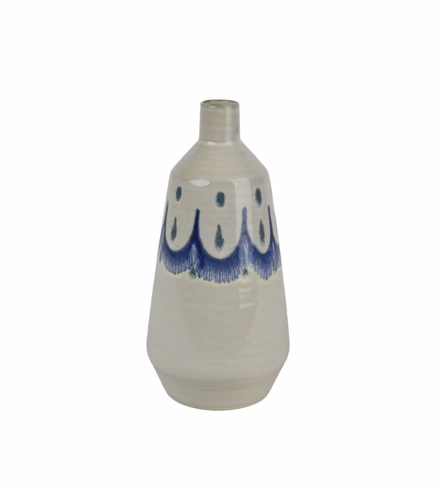 Kaemingk Vaso in Terracotta Bianco con Decoro Blu 16xH33 cm Decorativo