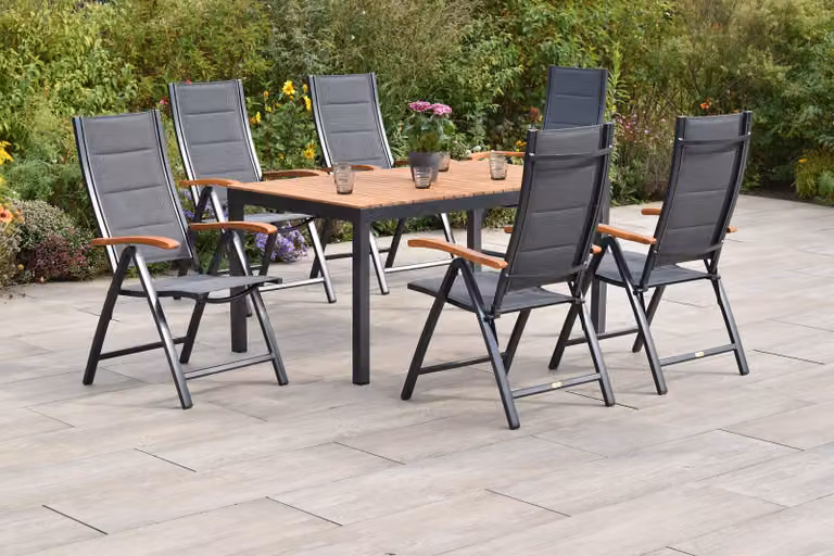 Set di mobili da giardino Merxx Paxos, 7 pezzi, 6 sedie pieghevoli, tavolo 150 x 90 cm – alluminio/acacia/tessuto