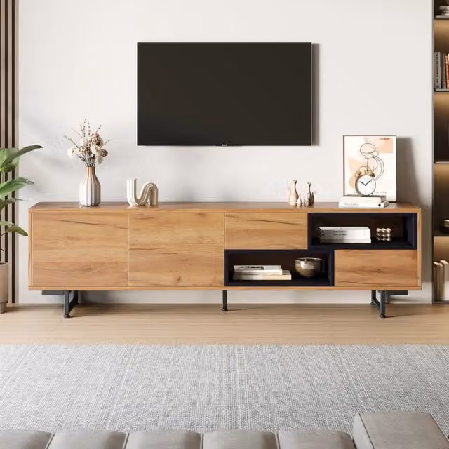 Mobile TV REDOM moderno in effetto legno marrone con ante e cassetti L: 173 cm, P: 38 cm, H: 48 cm – 1