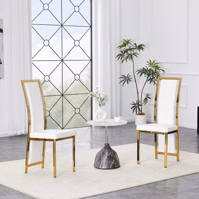 Set di 2 sedie da pranzo con schienale alto in metallo e PU bianco e oro
