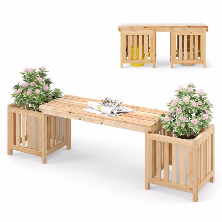 Panca da giardino COSTWAY, panca a 2 posti con fioriera e 2 fioriere laterali, panca in legno per giardino, balcone e terrazza