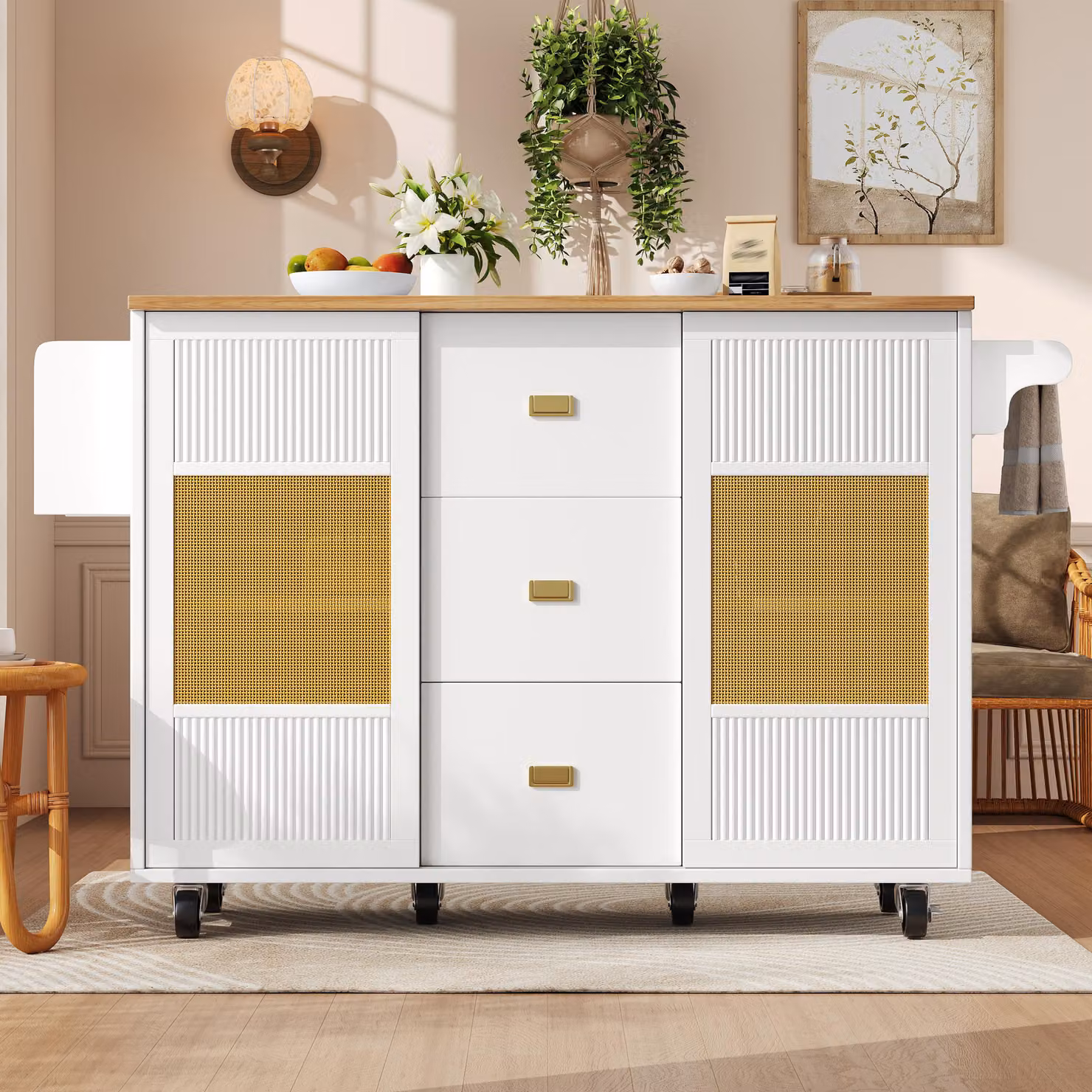 Isola da cucina con ruote e piano ribaltabile, isola da cucina bianca con spazio contenitivo, realizzata in MDF e metallo, dimensioni 146,85 x 70 x 90 cm, con ripiani interni regolabili