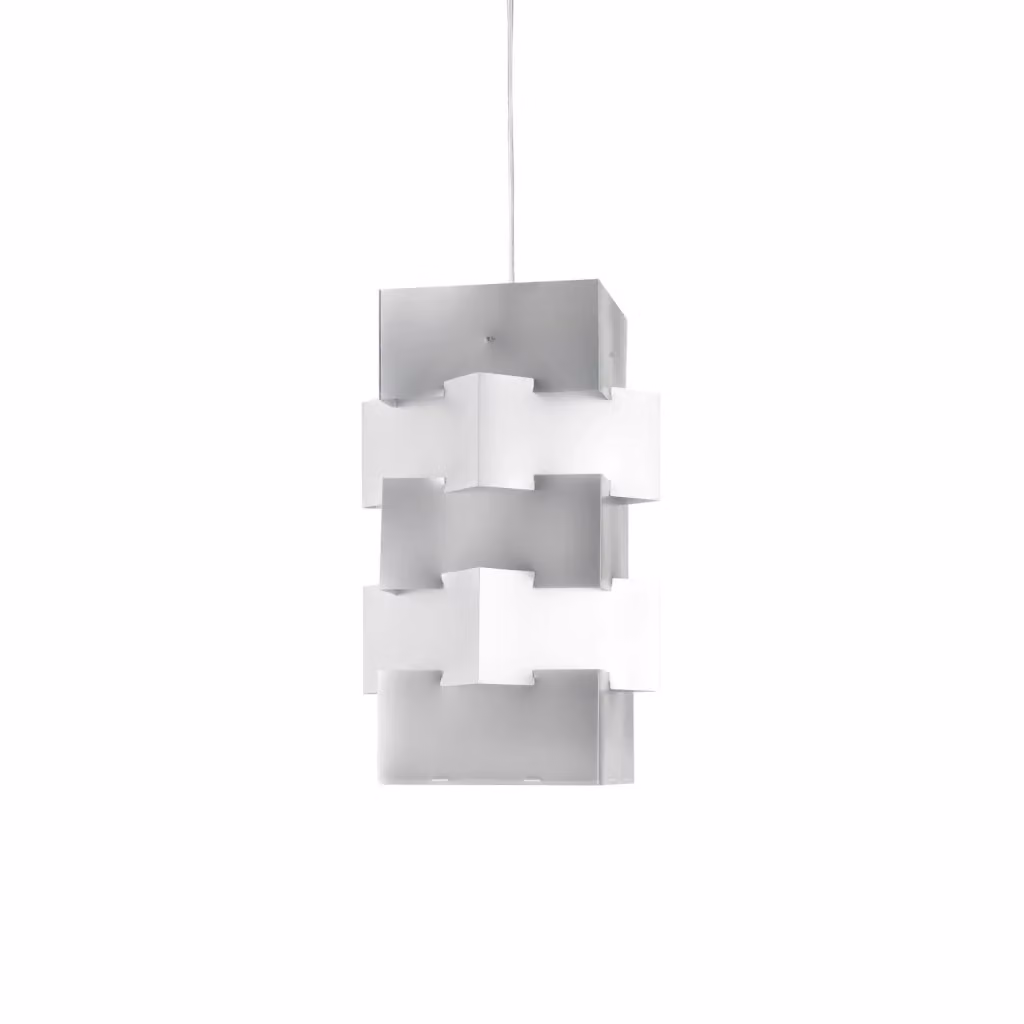 Lampada a sospensione moderna Linea Zero Building Polilux in metallo cromato e plastica bianca, attacco E27, H: 60 cm – 2