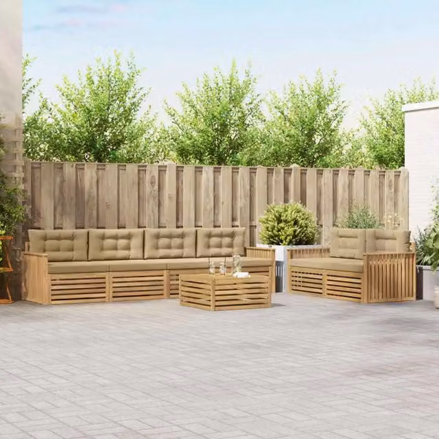 Set di divani da esterno vidaXL a forma di U in legno di acacia con tavolino e cuscini, Bianco e Beige