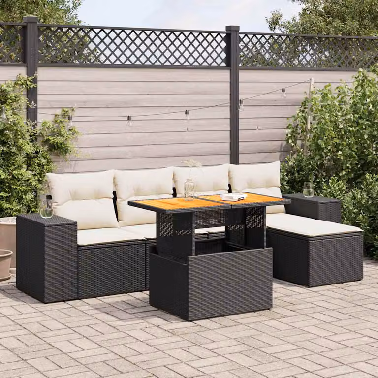 Set Divano da Giardino vidaXL 6 pz in Polyrattan Nero con Cuscini e Tavolino da Esterno a Forma di L