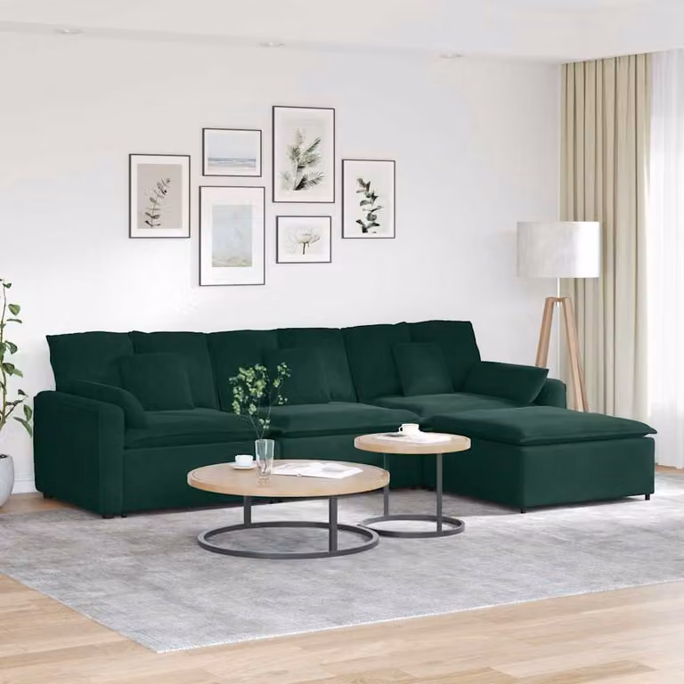 vidaXL Divano Modulare a L in Velluto Verde con Poggiapiedi e Cuscini