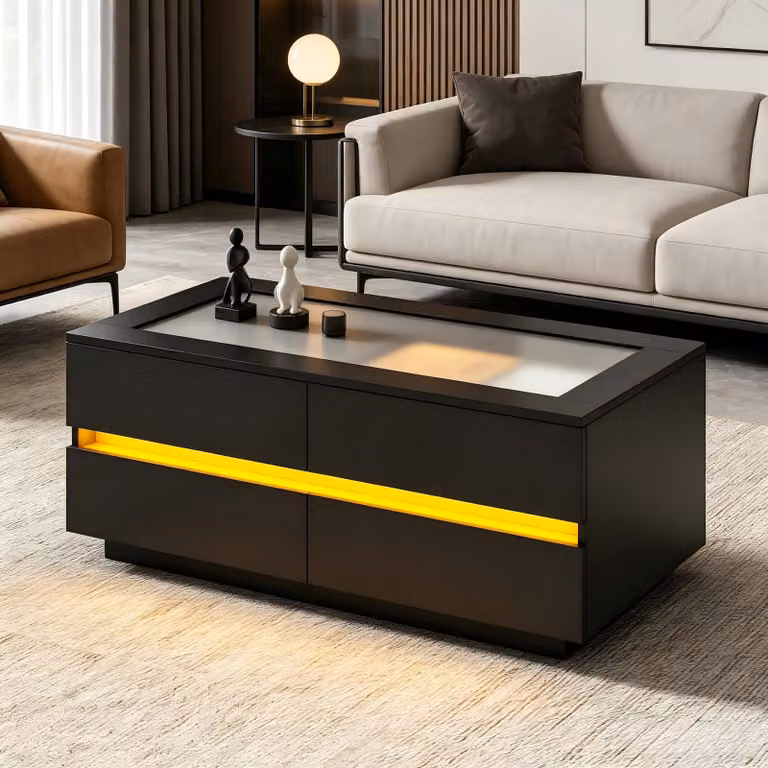 Tavolino da salotto, dimensioni 100x50x40 cm, realizzato in pannello di particelle al 100%, con piano in vetro nero, 4 cassetti, piano in vetro temperato, illuminazione LED e frontali in finitura lucida