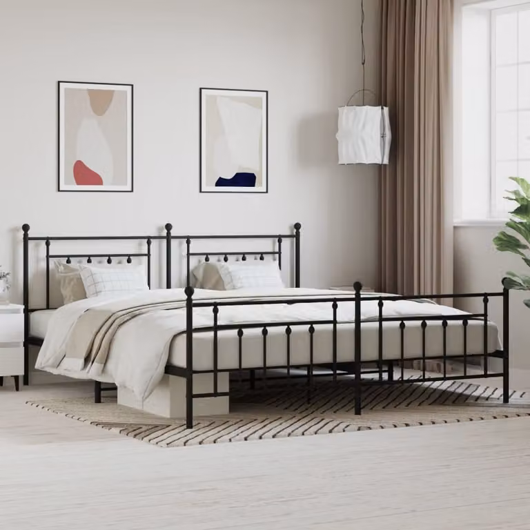 The Living Store Struttura letto con testiera e pediera in metallo nero 193x203 cm