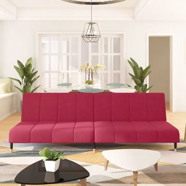 Divano Letto Click-Clack a 2 Posti vidaXL in Velluto Rosso con Struttura in Legno e Metallo e Poggiatesta Regolabile