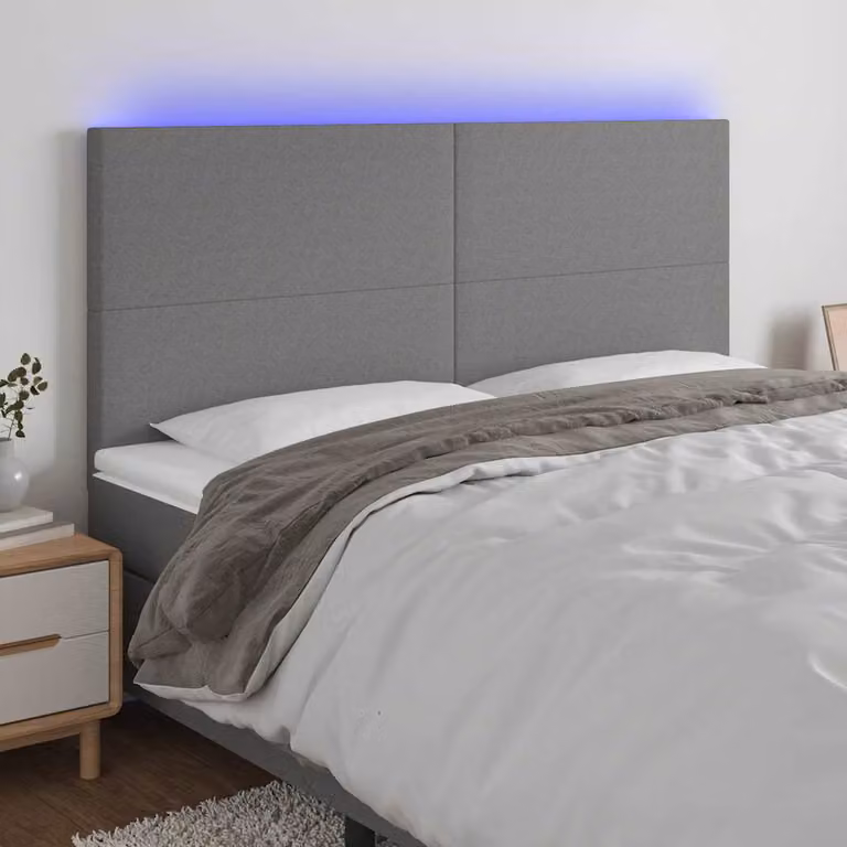 Testiera per letto vidaXL in tessuto grigio con illuminazione LED e porta USB, L: 200 cm, H: 118/128 cm, P: 5 cm