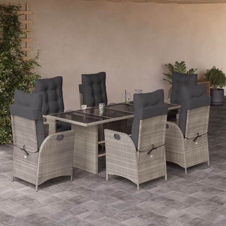 Set da pranzo da giardino vidaXL in polyrattan con piano in vetro e cuscini, 7 pezzi, Grigio Antracite