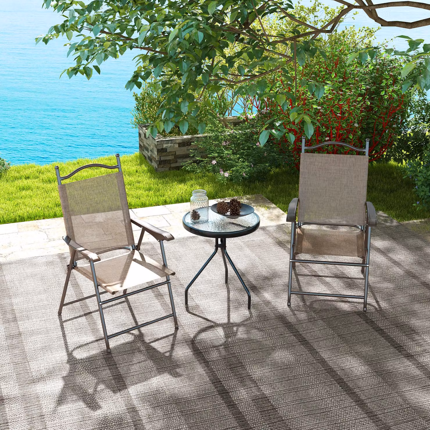 Set di 2 sedie pieghevoli da giardino Outsunny con braccioli in tessuto traspirante textilene e struttura in acciaio marrone – 2