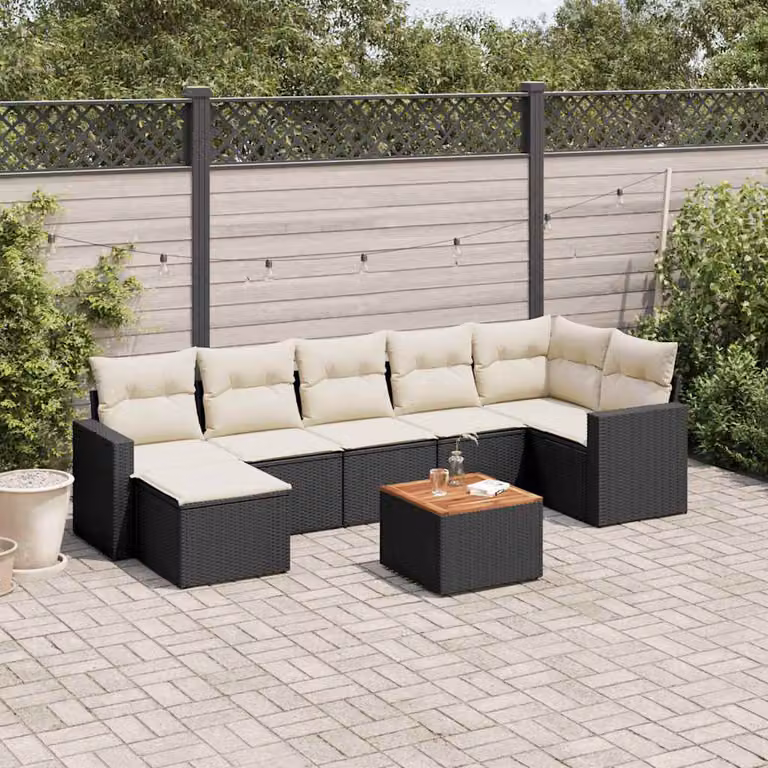 Set di Divani da Giardino vidaXL in Polyrattan Nero con 8 Pezzi e Cuscini Imbottiti