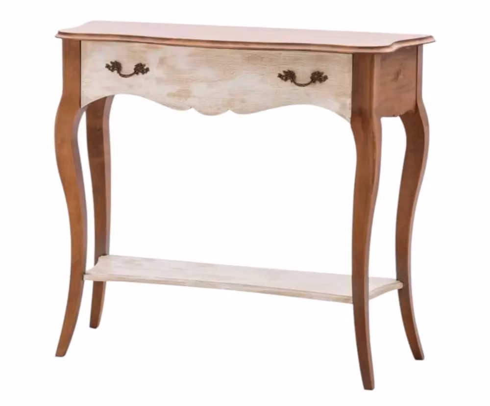 Consolle in legno stile shabby chic con 1 cassetto Mobili 2G bianco antico e noce L 100 cm, P 40 cm, H 87 cm – 2