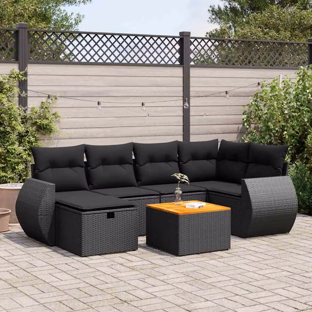 Set Divano da Giardino a L vidaXL con 7 Pezzi, Polyrattan e Cuscini Imbottiti, Nero e Marrone