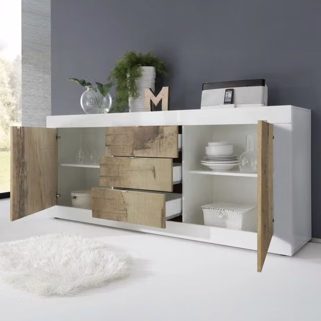 Madia Pasubio DMORA Credenza con 3 Cassetti Bianco Lucido L 210 cm, P 42 cm, H 85.8 cm – 1