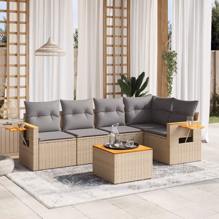 vidaXL Set Divano da Giardino 6 pz a L con Cuscini Beige in Polyrattan e Tavolino da Esterno