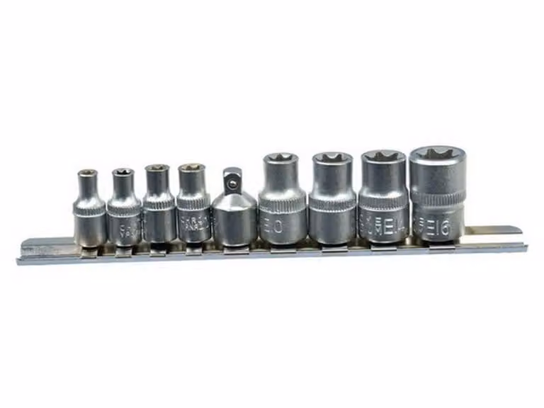 Chiavi a bussola da 3/8" con profilo Torx, set di 9 pezzi, da E5 a E16, modello 01196