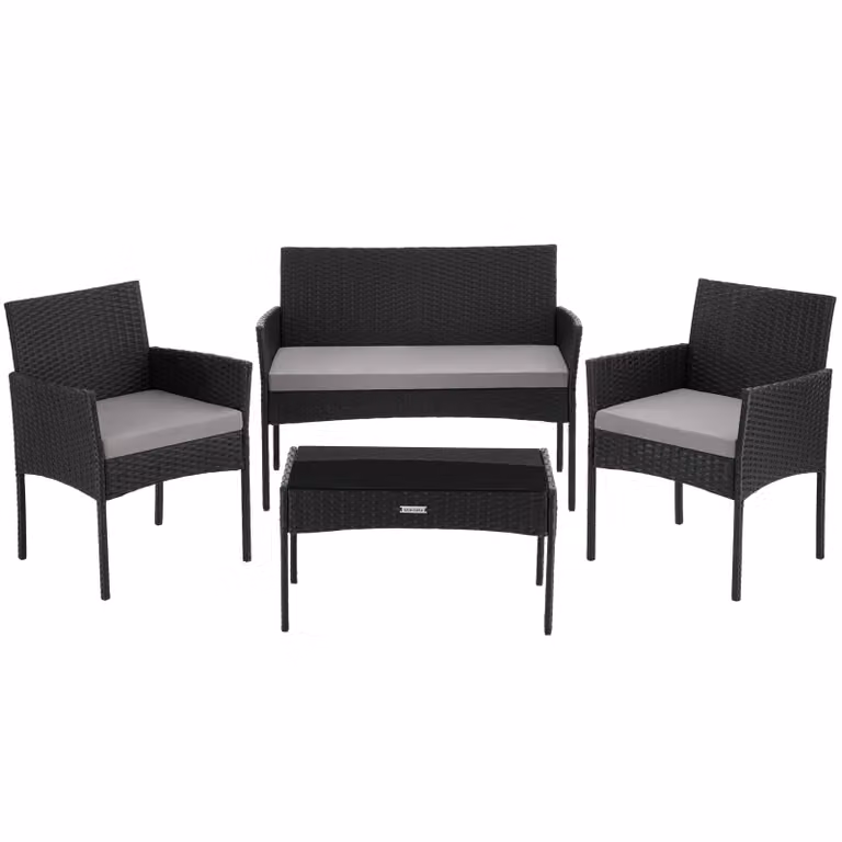Set da giardino moderno Tectake in rattan nero con divano a 2 posti, poltrone lounge, tavolino da caffè e cuscini inclusi