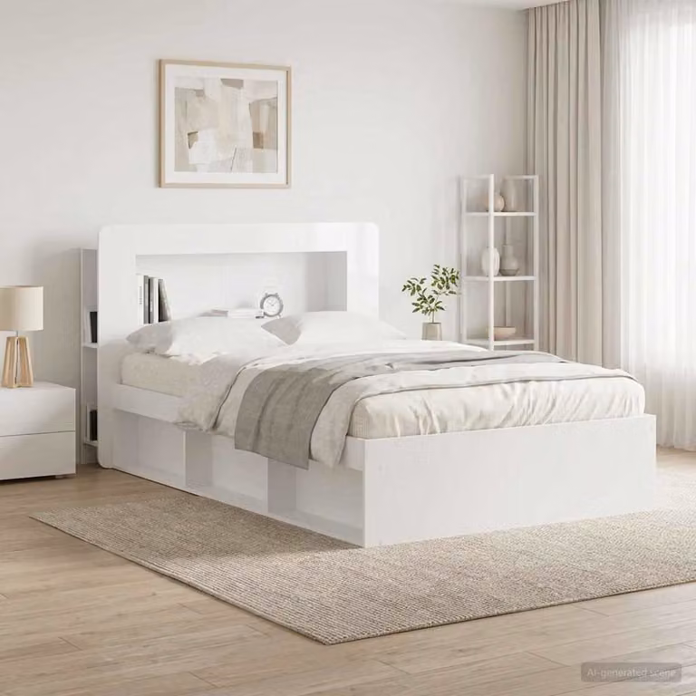 Testata del letto moderna vidaXL in legno ingegnerizzato bianco lucido con ripiani integrati L: 135,0 cm, H: 100,0 cm, P: 20,13 cm